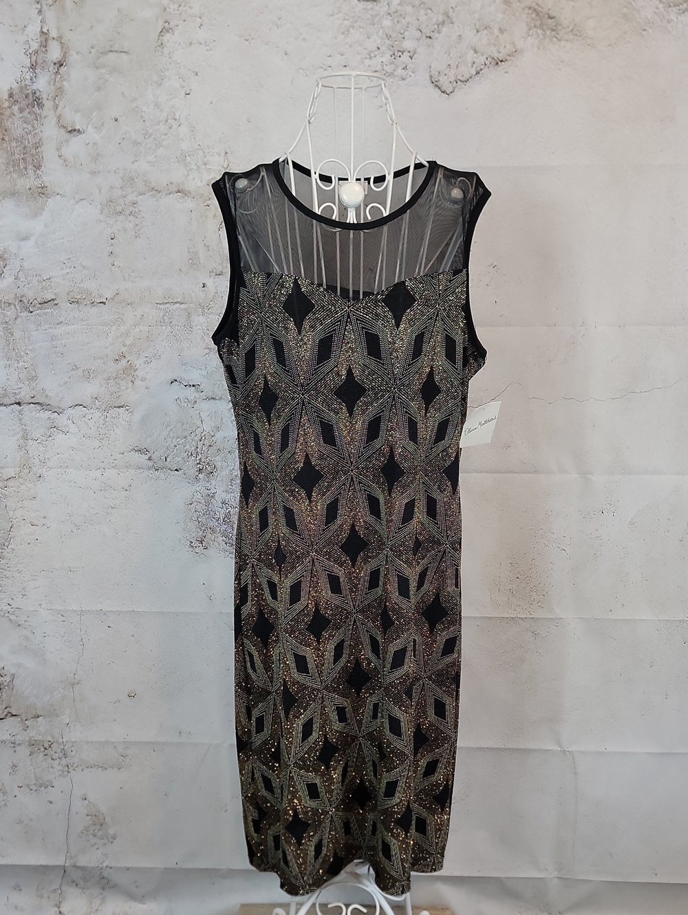 Olivia Matthews Vintage Y2K NWT Black Sheer Yoke Geometric Print Cocktail Dress